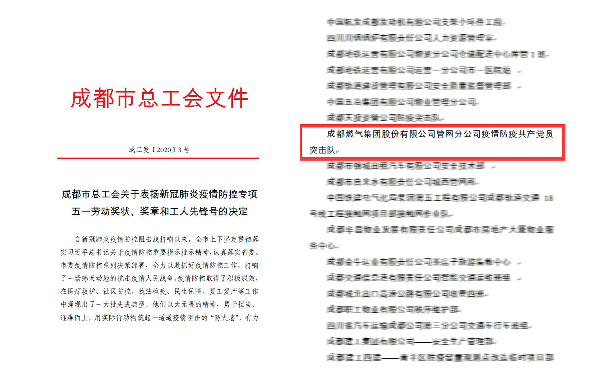 成都燃氣管網分公司疫情防控共產黨員突擊隊、城投置地集團鳳凰山體育公園項目部分別榮獲“成都市新冠肺炎疫情防控專項工人先鋒號”