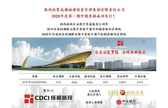 熱烈慶祝成都城建投資管理集團有限公司成功發行2020年度第一期中期票據